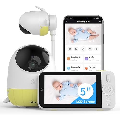 Ellie Baby Plus: 5" Monitor with 2.5K FHD Camera, Face Cover Alert,Crying & Breathing Detect, Night Vision, 2-Way Audio, Pan-Tilt-Zoom, Crib & Wall Mount All Inside,No WiFi, No Subscription, with APP
