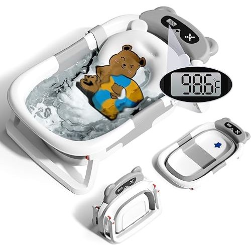 Collapsible Baby Bathtub for Newborn to Toddler (0-24 Months), Portable Baby Tub with Thermometer, Baby Bath Tub for Infants with Floating Cushion, Gray