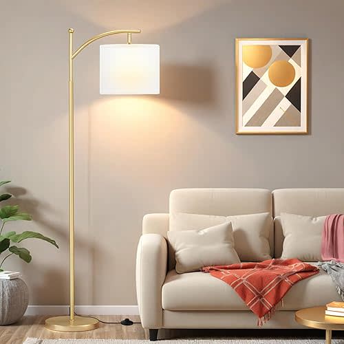 Ambimall 60" Floor Lamps for Living Room with 3 Color Temperatures, Adjustable White Shade with Gold Pole, Tall Lamps for Living Room Bedroom Office Classroom Dorm Room, 9W Bulb Included