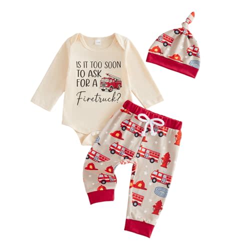 Newborn Baby Boy Fire Truck Romper Firefighter Outfit Fall Clothes | Is It Too Soon To Ask For A Fire Truck Long Sleeve Romper Bodysuit T-Shirt and Hat Pants Set, 3Pcs Fall Winter Outfits