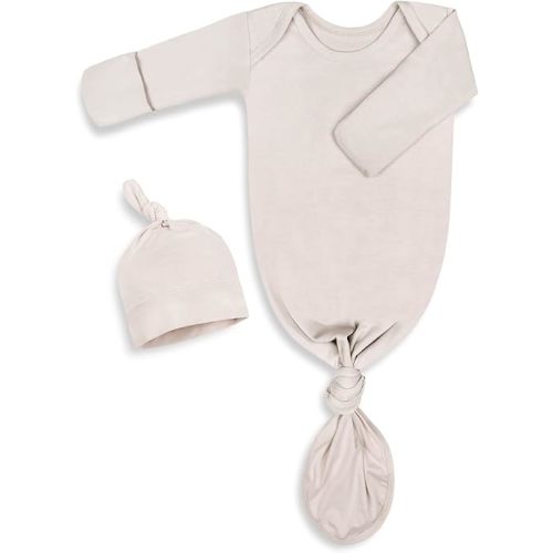 Newborn Knotted Baby Gown 0-6 Months, Super Soft Breathable Nightgowns for Babies Girl and Boy, Baby Girls Coming Home Hospital Outfit with Hat Set Oatmeal