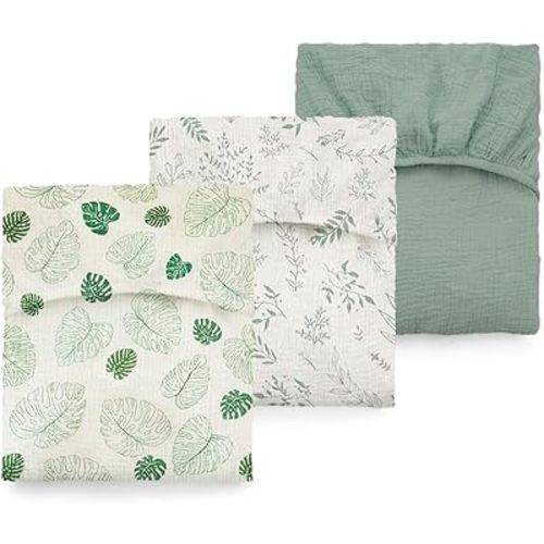 Muslin Crib Sheets 3 Pack, 100% Cotton Baby Fitted Sheets for Boys Girls, Boho Soft Breathable, 52"x28" Fit Standard Crib Mattress, Sage Green Monstera Leaf