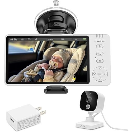 A2C Wireless Baby Car Camera, USB Powered Baby Monitor for Car Backseat & Home, 5" HD 1080P Auto/Manual Night Vision Screen with 7-Hour Battery, Rear Facing Carseat Monitor, for Travel, Home, Pet