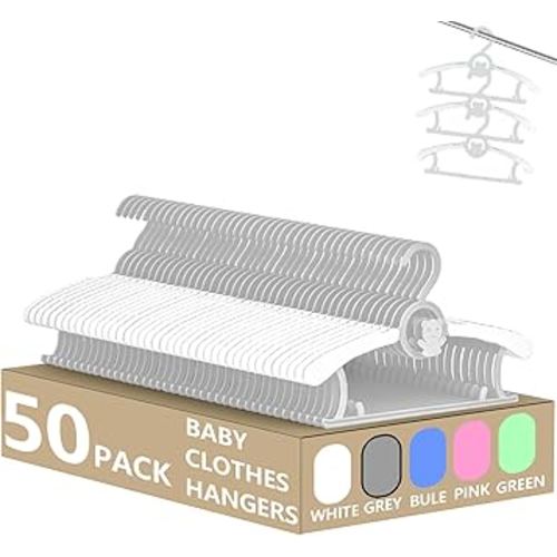 HGYZE Kid Hangers for Closet 50pcs, Grey Infant Clothes Hanger 11-14" Adjustable Plastic Baby Coat Hangers with Bear Hook, Non-Slip Children Outfit Hangers for Girl Boy Toddler Newborn Teen Clothing