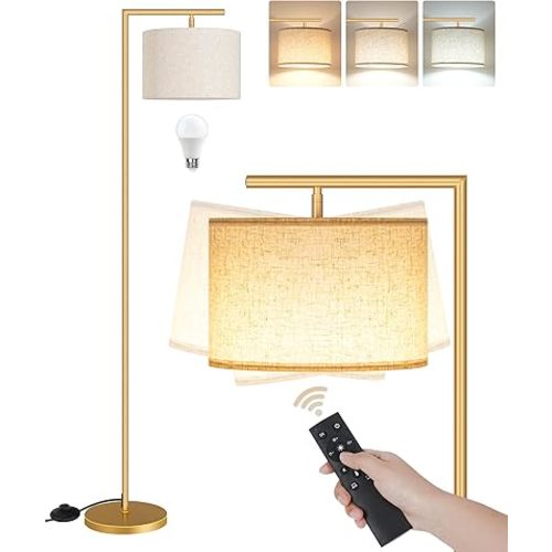 Modern Dimmable Floor Lamp for Living Room, Corner Tall Lamp with Fabric Shade, LED Bulb Included, Arched Reading Light with Remote Control and Foot Pedal, Beige and Gold DE11LD05