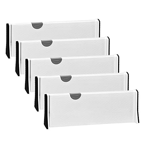 JONYJ Drawer Dividers Organizer 5 Pack, Adjustable Separators 4" High Expandable from 11-17" for Bedroom, Bathroom, Closet,Clothing, Office, Kitchen Storage, Strong Secure Hold, Foam Ends(White)
