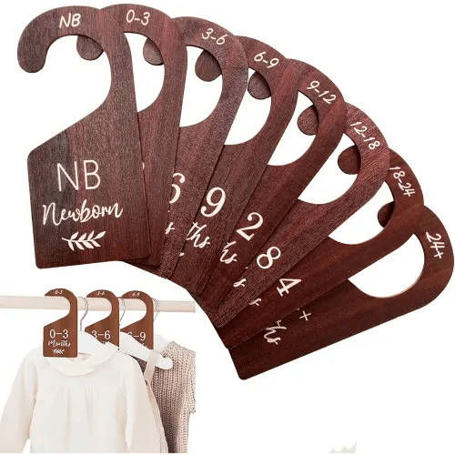 Baby Closet Dividers, Hanging Wooden Double-Sided Nursery Decor Closet Dividers for Baby Clothes, Baby Clothes Dividers for Newborn to 24 Months Size Clothes (Brown, 8pcs)
