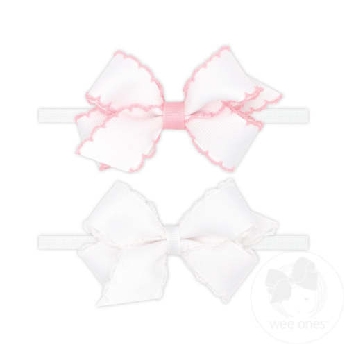 GIFT PACK! Two Mini Grosgrain Bows with Moonstitch Edge on Skinny Nylon Band - WHL/WHW | Wee Ones Hair Bows & Accessories
