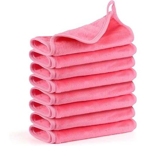Reusable Makeup Remover Cloths 8 Pack, Ultra Soft Microfiber Facial Cleansing Cloths, Washable Makeup Remover Towels for All Skin Types,13x7 inch,Pink