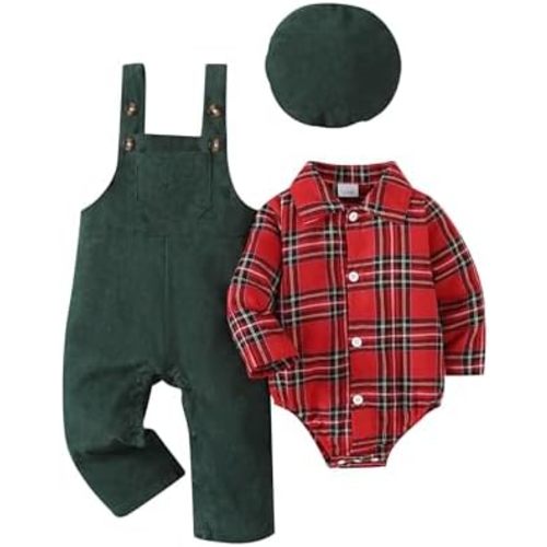 Renotemy Baby Boy Clothes Flannel Plaid Bodysuit+Corduroy Overalls+Beret Hat 3Pcs Fall Winter Outfits for 3-24 Months Boys