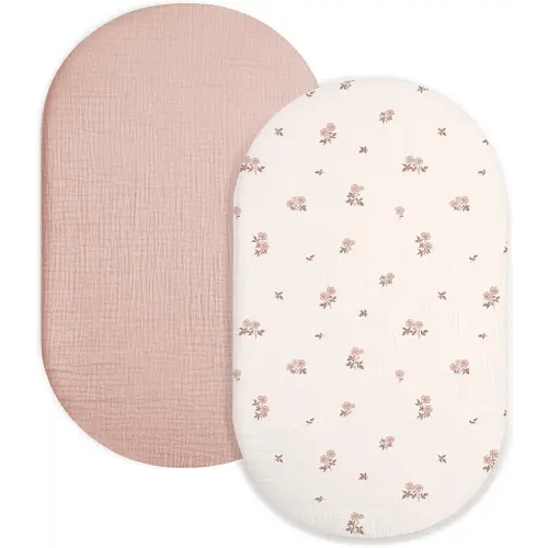 Bassinet Sheet for Baby Boy and Girl 2 Pack, Fitted Sheets for Rectangle, Oval, Hourglass Bassinet Mattress, Muslin Moses Basket Sheets with Neutral Style(Vintage Blossom & Pink)