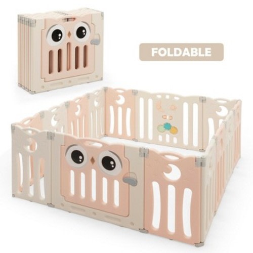 Costway 14-Panel Baby Playpen Kids Activity Center Foldable Play Yard w/ Lock Door Beige/Blue/Pink, Color: Pink