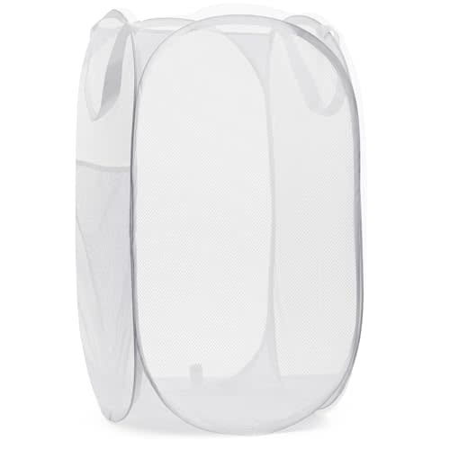 Handy Laundry Collapsible Mesh Pop Up Hamper with Wide Opening and Side Pocket – Breathable, Sturdy, Foldable, and Space-Saving Design for Clothes and Storage. (White)