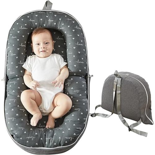 AlamzBeaba Baby Lounger for Newborn, 0-12 Months, Portable Infant Lounger Pillow with Adjustable Support, Soft Breathable Cover, Folds Into Backpack for Travel, Ideal for Home & Outdoor Use - Gray