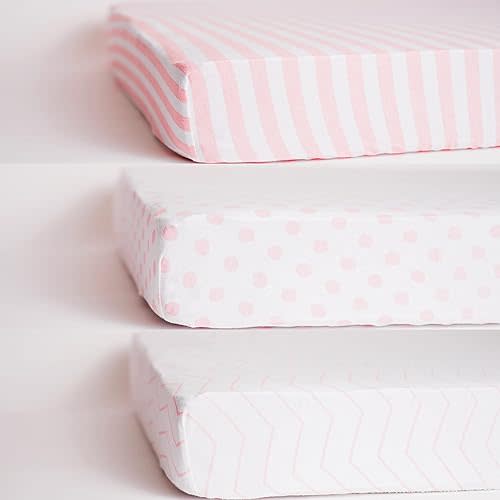 3 Fitted Crib Sheets Pink Set for Baby Girl - 100% Oeko-TEX Cotton Nursery Bedding - Pink/White Chevron, Polka Dot, and Stripe - for Standard Baby or Toddler Crib Mattress 28”x52”x9” Sheet