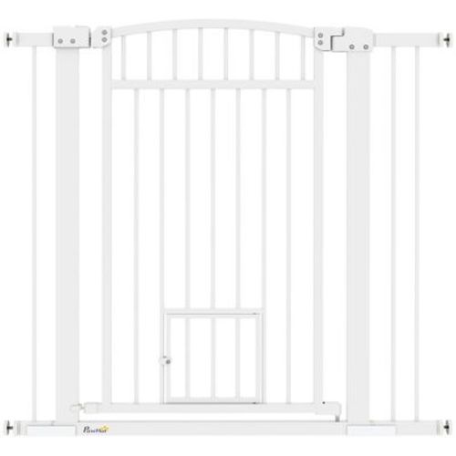 PawHut Dog Gate, 30"-41" Extra Wide Walk Through Pet Gate w/ Cat Door, 3-Inch & 5.5-Inch Extension Kits, Pressure Mounted, 37" High