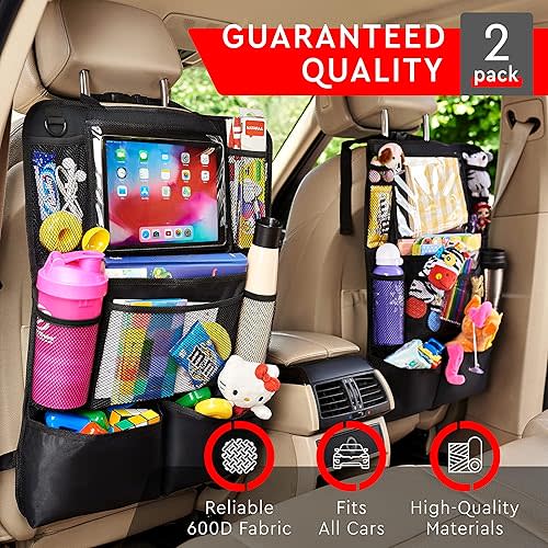 Helteko Backseat Car Organizer, Kick Mats Back Seat Protector with Touch Screen Tablet Holder, Back Seat Organizer for Kids, Travel Accessories with 9 Storage Pockets 2 Pack, Black