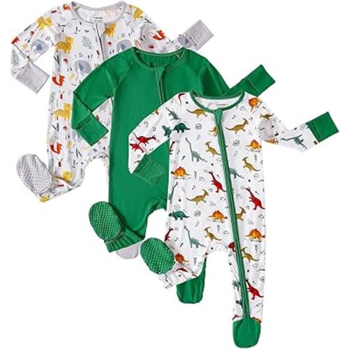OPAWO Bamboo Baby Pajamas 3 Pack, 2 Way Zipper Newborn Footie Pajamas with Mitten Cuffs, Bamboo Sleepers for Baby Girl Onesie