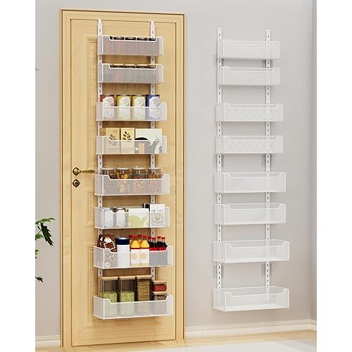 VyGrow Over the Door Organizer, 8-Tier Pantry Organizer with Fully Enclosed Mesh Baskets, Heavy-Duty Metal Hanging Spice Rack for Kitchen Bathroom Laundry Room, 2-in-1 Wall Mount or Door Mount, White