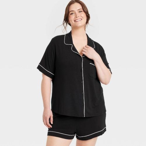 Women's Cloud Knit Short Sleeve Notch Collar Top And Shorts Pajama Set - Auden™ Navy Blue 3x