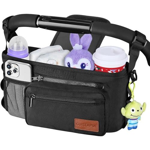 Guiseapue Universal Stroller Organizer with Cup Holder Detachable Phone Bag and Shoulder Strap, Stroller Caddy Fits for Stroller Accessories like Uppababy, Baby Jogger, Doona, Nuna Stroller