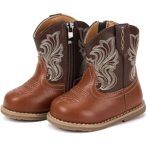 Newsonet Baby Cowboy Cowgirl Boots Infant Western Boots Toddler Boys Girls Round Toe Riding Mid Calf Boots All Seasons for 6 9 12 18 24 Months