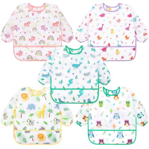 Accmor 5 Pack Long Sleeve Bibs, Baby Smock Waterproof Sleeved Bib Smock for Baby Toddler 6-36 Months