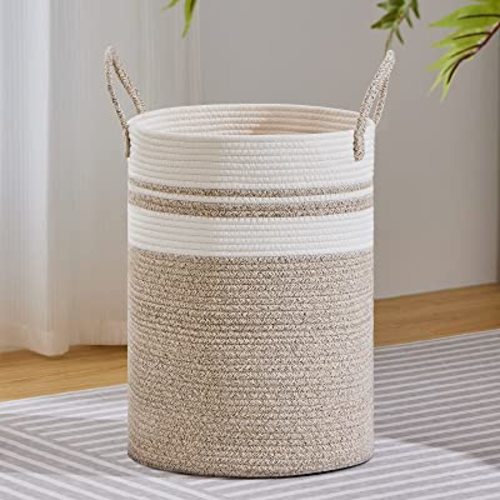 VIPOSCO Large Laundry Hamper, Tall Woven Rope Storage Basket for Blanket, Toys, Dirty Clothes in Living Room, Bathroom, Bedroom - 72L Brown & White
