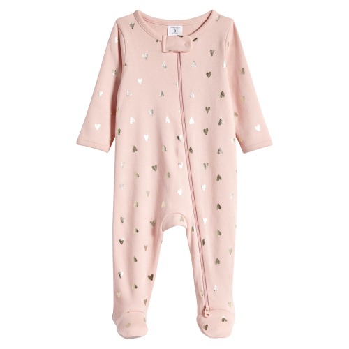 Baby Print Cotton Footie, 3M, Pink Lotus- Metallic Hearts