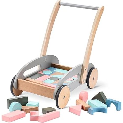 Childlike Behavior Premium Wooden Baby Push Walker with Wheels - Walker for Baby Boy & Girls - Push Toy with Building Blocks for Babies, Toddler Kids - Car Cart Learning Step Walking Activity Indoor