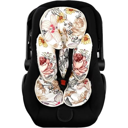 Floral Baby Car Seat Head and Body Support,2-in-1 Reversible CarSeat Insert,Soft Cushion for Stroller, Swing, Bouncer, Vintage Flowers