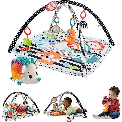 Fisher-Price Baby Gift Set 3-in-1 Music, Glow and Grow Gym & Hedgehog Plush, Playmat with 5 Linkable Toys for Newborn Sensory Play