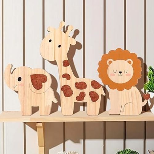 Bnesi Wooden Animal Nursery Wall Decor Set, Cute Giraffe Elephant Lion Decor for Baby Nursery & Woodland Nursery, Ideal Safari Nursery Decor & Baby Room Decor for Nature-Themed Nurseries (Cute)