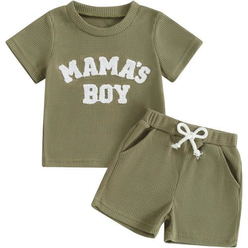 Kupretty Toddler Baby Boy Summer Clothes Embroiderey Waffle Knit Short Sleeve T-Shirt Tees + Casual Shorts Cute Clothing Set