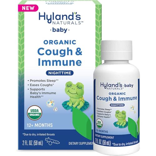 Hyland's Baby Organic Cough Syrup and Immune Support with Agave, Elderberry and Pomegranate, Soothes Cough, and Supports Immunity, Nighttime, 2 Fl. Oz.
