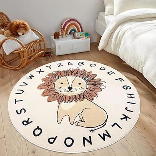USTIDE Lion Kids Rug 4Ft, Super Soft Round Play Mat Lion Rug Alphabet Learning Carpet Large Cartoon Area Rug for Nursery Bedroom Playroom