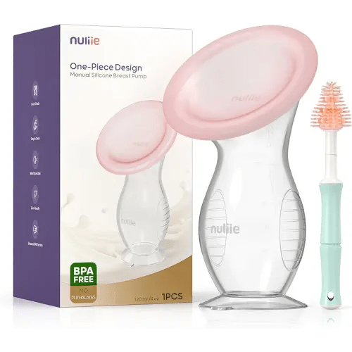 Nuliie 4oz/120ml Silicone Manual Breast Pump with Leak-Proof Lid & Sturdy Suction Cup, BPA-Free Milk Collectors for Breastfeeding, Wearable Hand Pump Breastmilk with Cleaning Brush, Dishwasher Safe