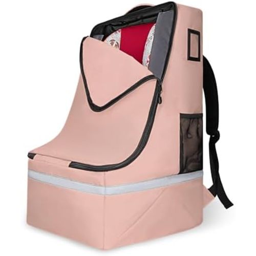 Car Seat Travel Bag for Airplane,Infant Seat Travel Bag with Shoulder Strap,Padded Car Seats Backpack with Reflective Stripes,Large Carseat Carrier Bag Travel Car Seat Cover,Flesh Pink