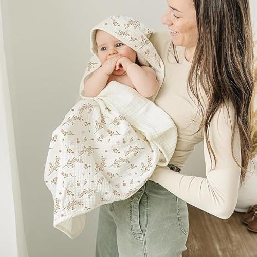 Konssy 2-Pack Muslin Hooded Baby Towels, 100% Cotton, Ultra-Soft & Absorbent Baby Bath Towels with Hood for Newborn & Infant (Pink, Floral,30" x 30")