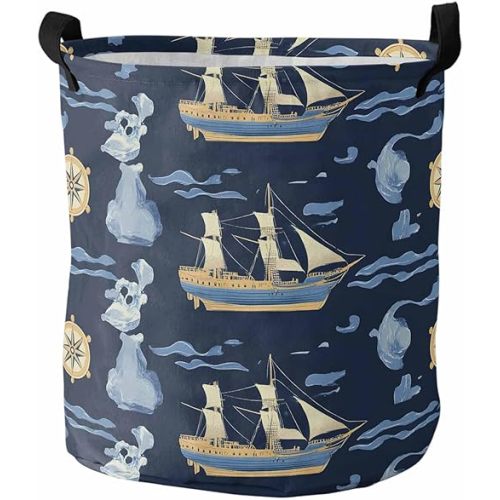 Navy Blue Coastal Large Laundry Basket, Waterproof Laundry Hamper for Baby Clothes, Nautical Modern Art Boat Compass Foldable Laundry Baskets with Handles, 16.5"x17"