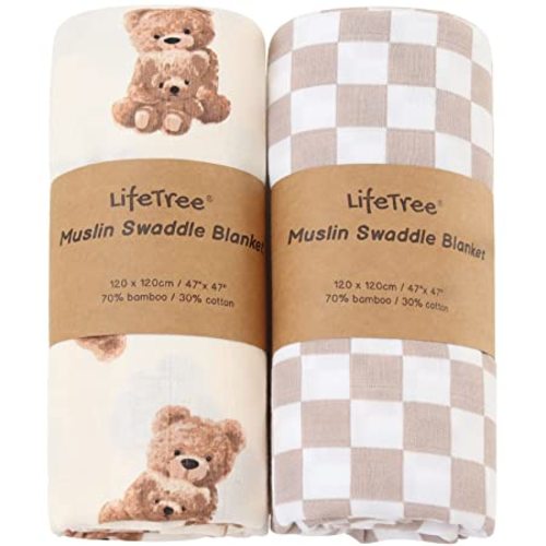 LifeTree Muslin Swaddle Blankets Neutral, Baby Swaddling Wrap Nursery Receiving Blanket for Boys & Girls Unisex, Soft Viscose from Bamboo Cotton, Large 47 x 47 inches, Bear & Checkered Coffee