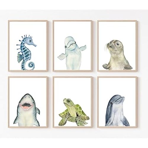 Wodkwq Nursery Wall Art Sea Animal Canvas Prints Baby Girl Boy Room Decor Watercolor Paintings Pictures Cute Ocean Theme Toddler Room Decoration Set of 6 for Kids Bedroom Bathroom 8x10in Unframed