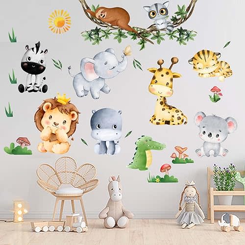 Jungle Baby Animals Wall Stickers - Elephant Lion Tiger Giraffe Wall Decals - Nursery Kids Girls Boys Room Daycare Playroom Classroom Wall Decor