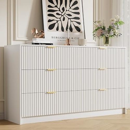 55.1" Wide White Dresser for Bedroom, Fluted 6 Drawer Dresser