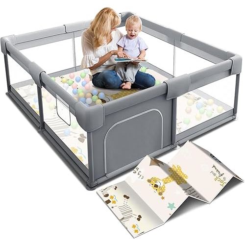 Baby Playpen with Mat, Small Playpen for Babies and Toddlers, 50 x 50 inch Baby Fence Playards, Play Yard for Infants with Play Mat, Playard with Gate