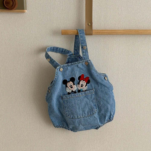 Baby Spring Mickey Mouse Embroidery Shortalls (3-6m) - Blue Denim