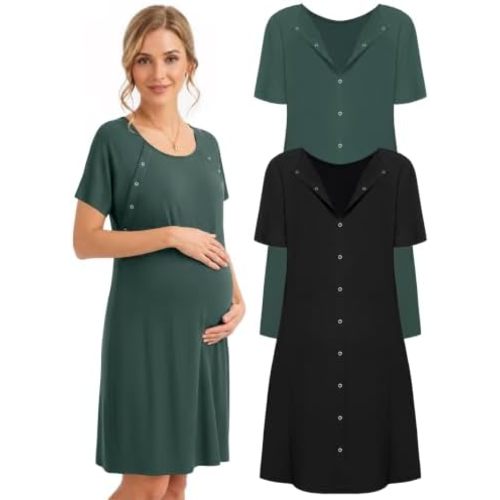 Ekouaer 2 Pack Labor and Delivery Gown 3 in 1 Maternity Nursing Hospital Nightgown Short Sleeve Breastfeeding Gowns