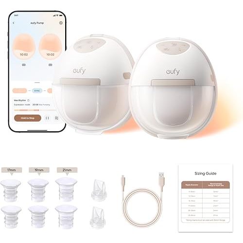 eufy Heated Wearable Breast Pump E20, 3 Heat Levels, Hands-Free Breast Pump with Innovative HeatFlow, Optimized Rhythm via App, Hospital-Grade Suction, Leakproof, Ultra-Slim and Quiet for in-Bra Use