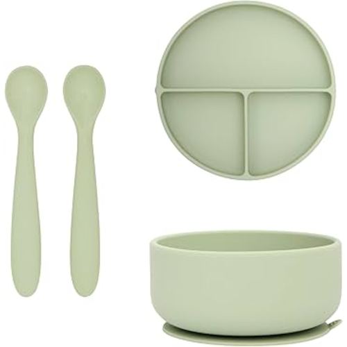 dollop Silicone Plate, Bowl, and Spoon Set for Babies - BPA Free, Dishwasher Safe, Suction Base (Soft Eucalyptus)