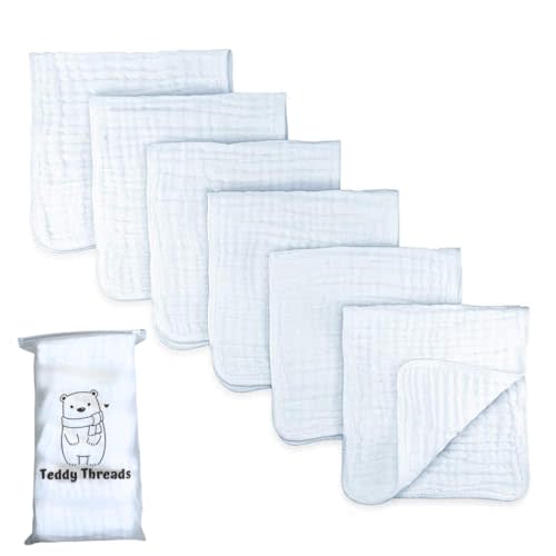 Teddy Threads - Organic Cotton Muslin Burp Cloths Large 20"x10" 6-Pack, White Burping Cloths for Babies - 100% Washcloths, Newborn Spit Rags, Ultra-Soft, Absorbent, Breathable, No Dye